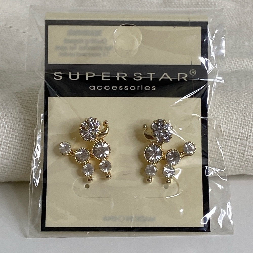 🐩NEW NWT NIP NIB gold tone rhinestone poodle earrings superstar accessories dog - Picture 1 of 5